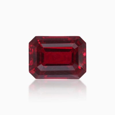 emerald cut lab grown pigeon blood sapphire
