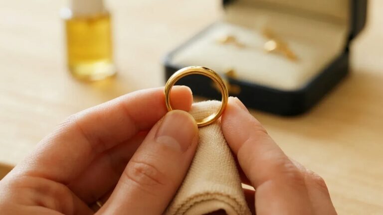 Cleaning gold jewelry with a soft cloth to maintain shine and durability