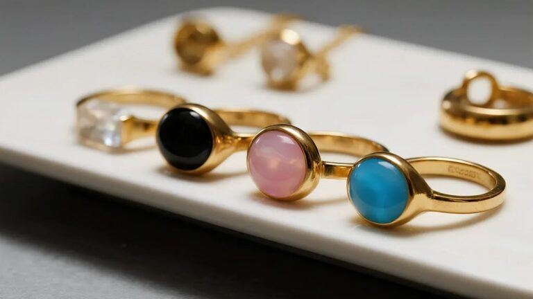 Gold plated jewelry pieces showing different e-coating jewelry including clear, matte black, pink, and blue