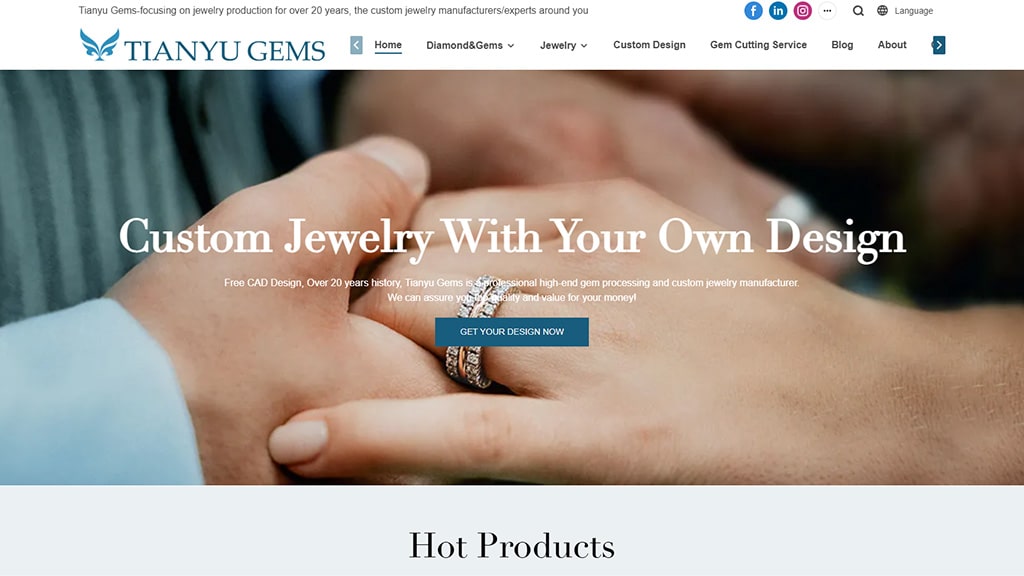 Screenshot of gemstone product listings from Tianyu Gems official site