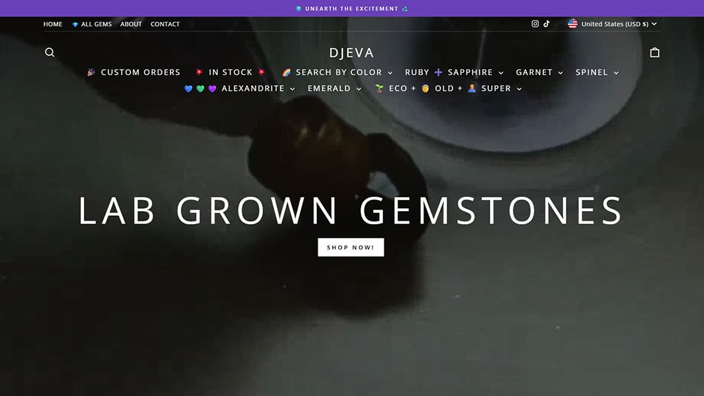 Screenshot of gemstone selection page from Djeva official website