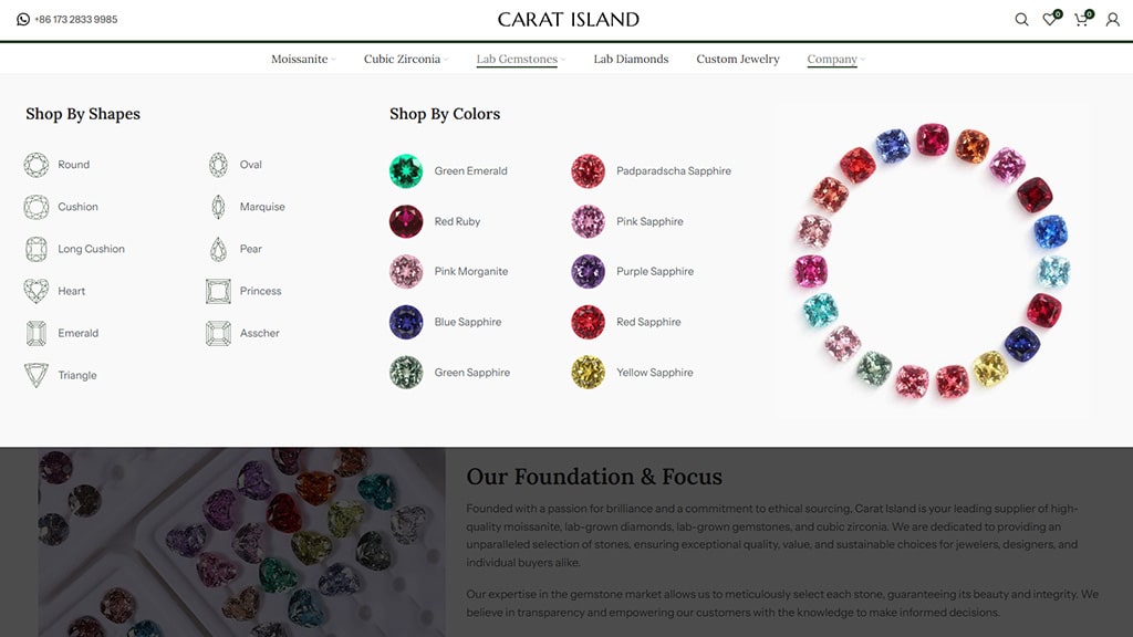 Screenshot of lab grown gemstones from Carat Island website