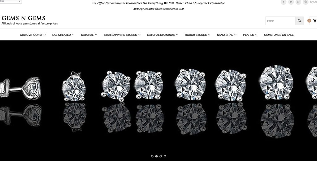 Screenshot of synthetic gems and CZs from Gems N Gems website