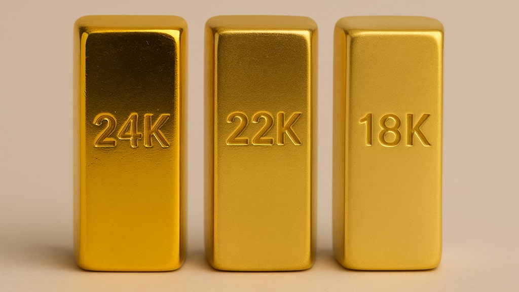 Side by side comparison of 24K, 22K, and 18K gold bars showing different hues and purity levels