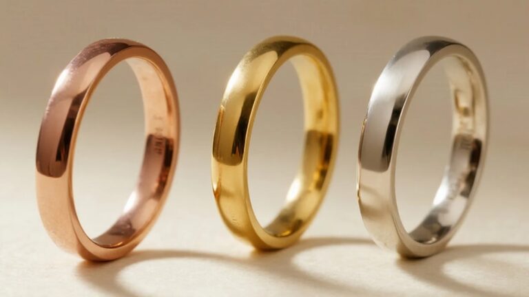 Three 18K gold rings in yellow, rose, and white variants showing alloy color differences