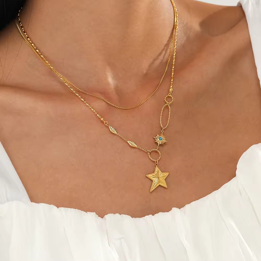 18K Gold Plated Double Chain Necklace with Star Charm 2