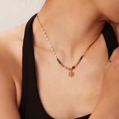 Beaded Sun Pendant Necklace in 18K Gold Plating 2